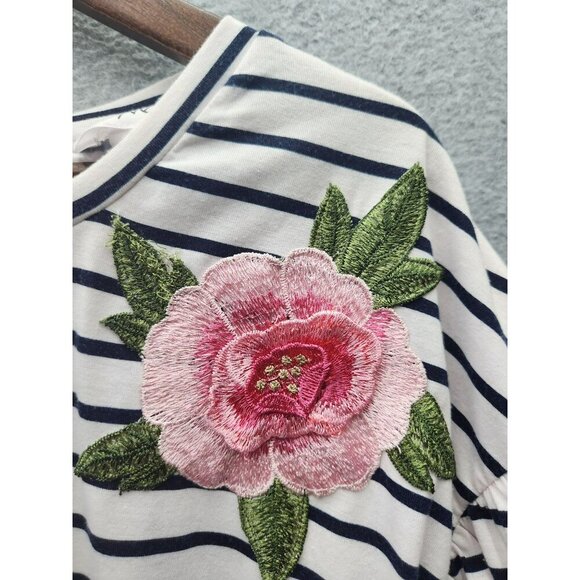 Fyve Womens Striped Top With Floral Embroidery Short Puff Sleeves Relaxed Fit S - Picture 6 of 7